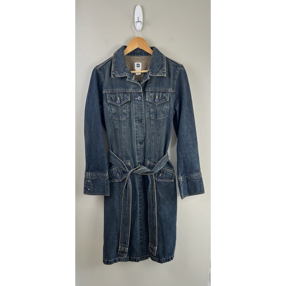 Gap Vintage Y2K Denim Trench Coat Jacket Medium Wash Blue Belted Womens Lg 2002